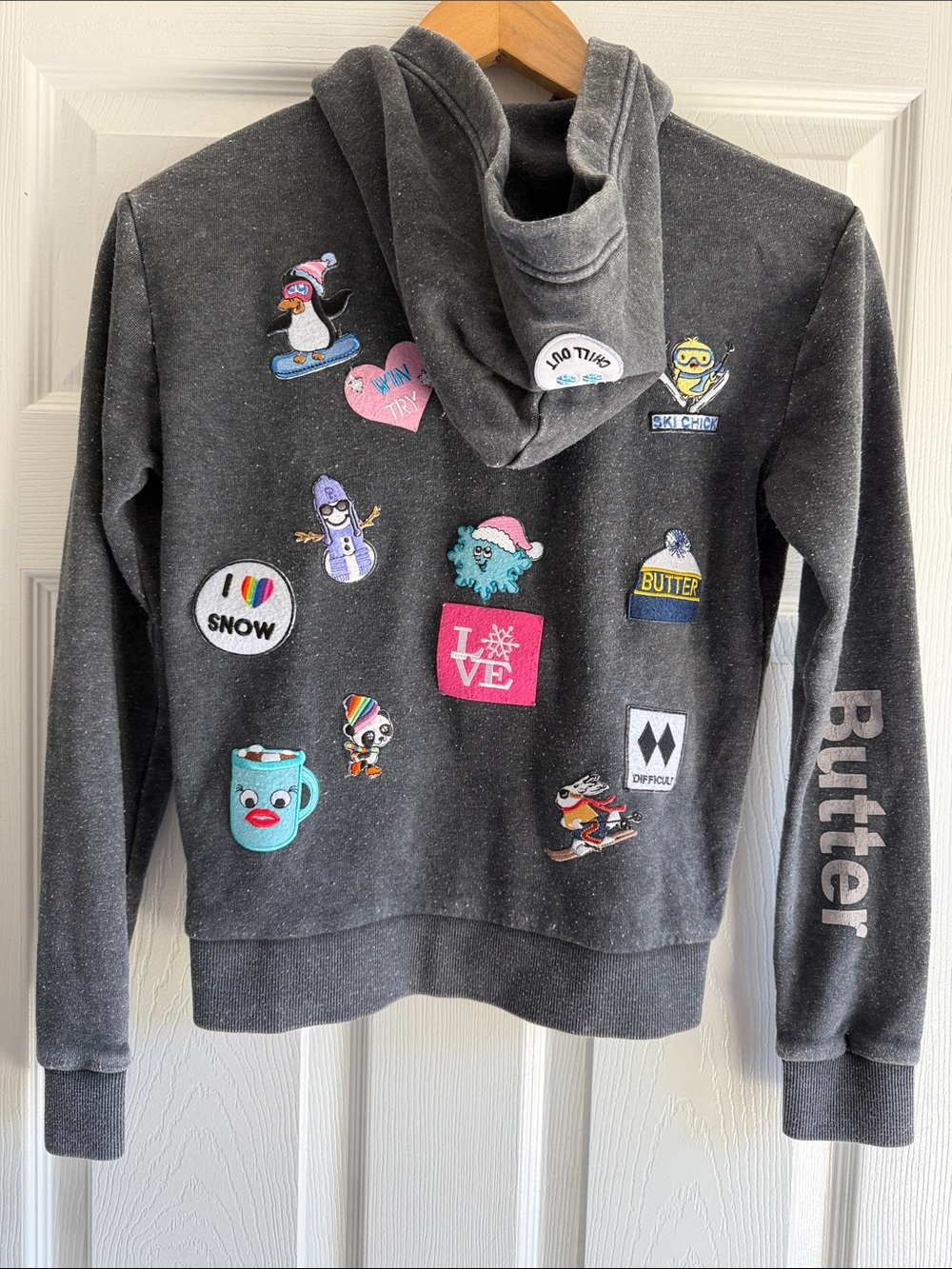 Butter Charcoal Hoodie with Colorful Winter Patches